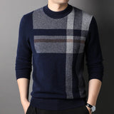 Mens Plaid Pattern Pure Cashmere Sweater Crew Neck Long Sleeve Tops with Ribbed Hem