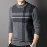 Mens Plaid Pattern Pure Cashmere Sweater Crew Neck Long Sleeve Tops with Ribbed Hem