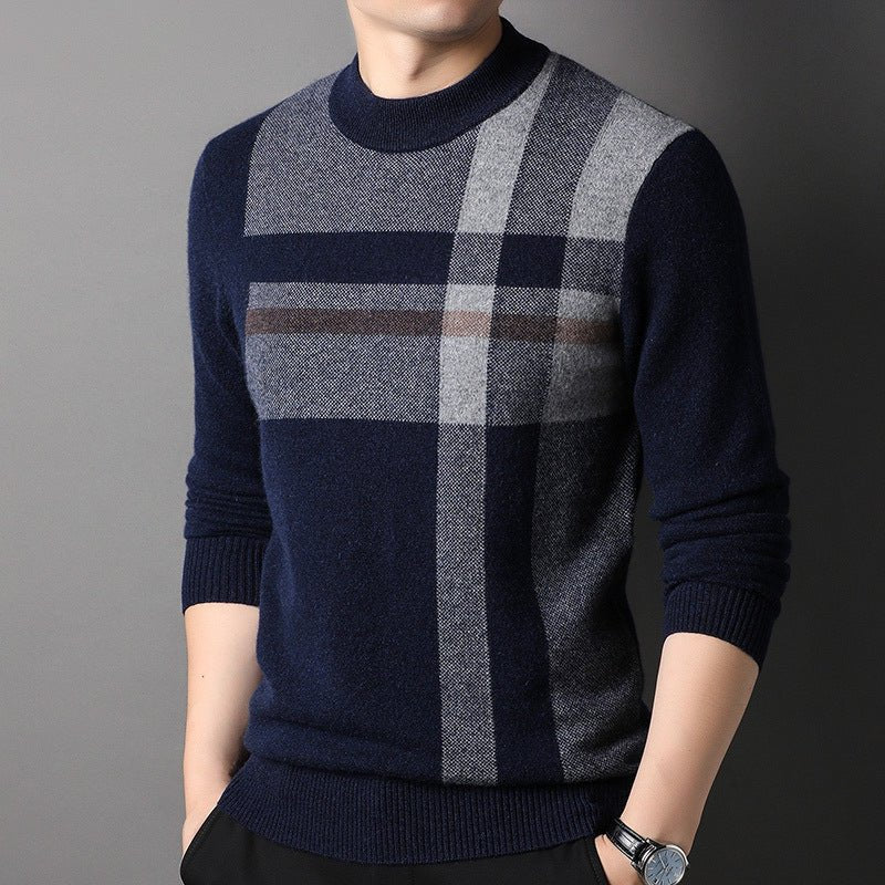 Mens Plaid Pattern Pure Cashmere Sweater Crew Neck Long Sleeve Tops with Ribbed Hem