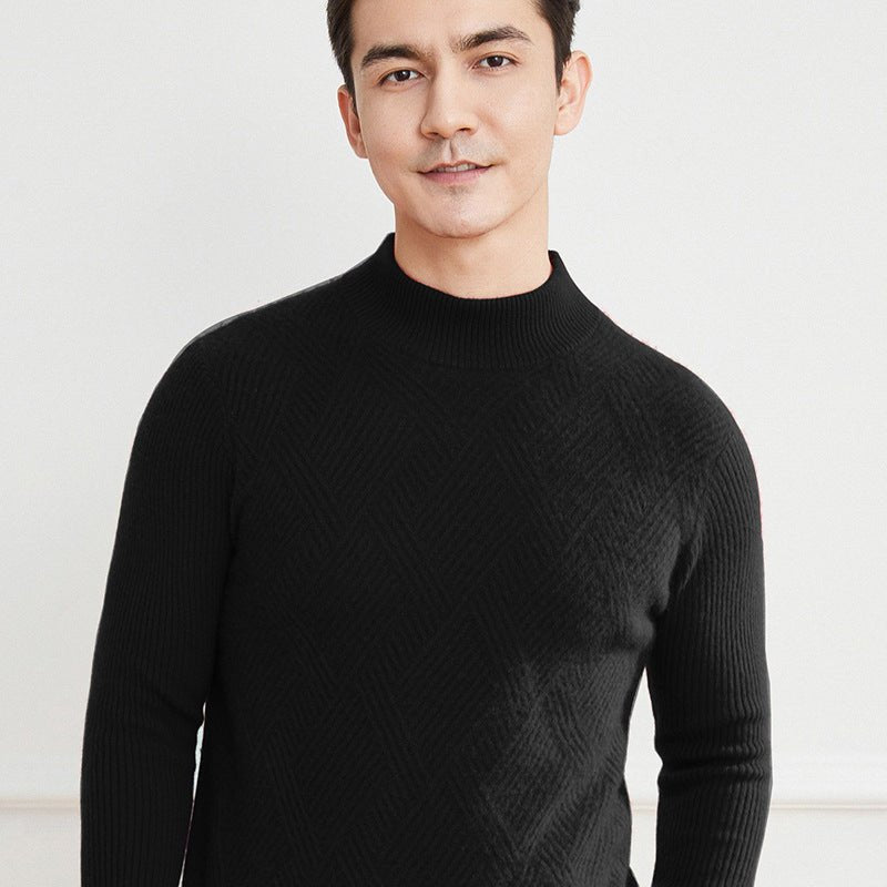 Mens Diamond Pattern Turtleneck Cashmere Sweater Long Sleeve Ribbed Hem Pullover