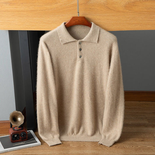 Mens Cashmere Polo Sweater Button Front Long Sleeve Soft Knit Ribbed Hem Pullover