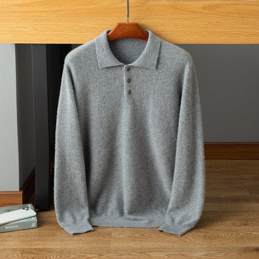 Mens Cashmere Polo Sweater Button Front Long Sleeve Soft Knit Ribbed Hem Pullover