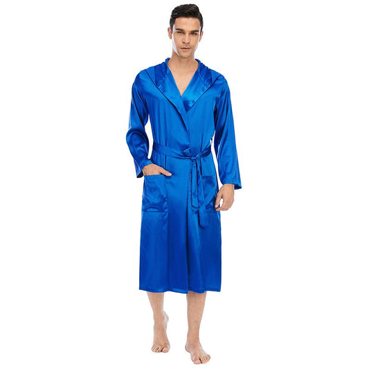 Men's Royal Blue Hooded Long Silk Robe 100% Pure Mulberry Silk