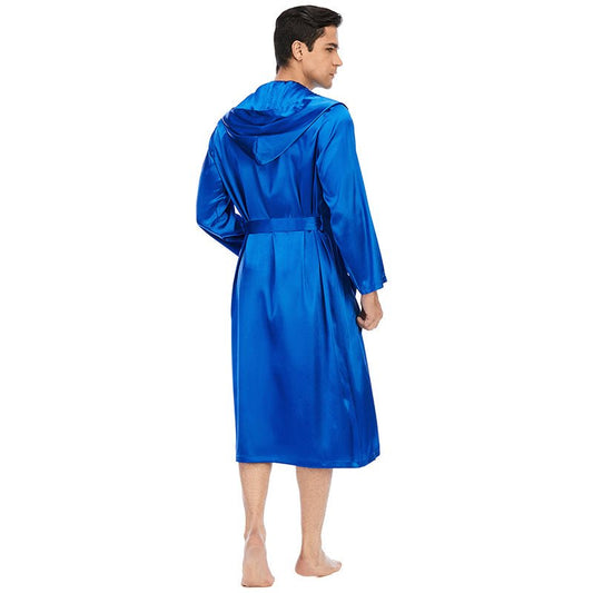 Men's Royal Blue Hooded Long Silk Robe 100% Pure Mulberry Silk