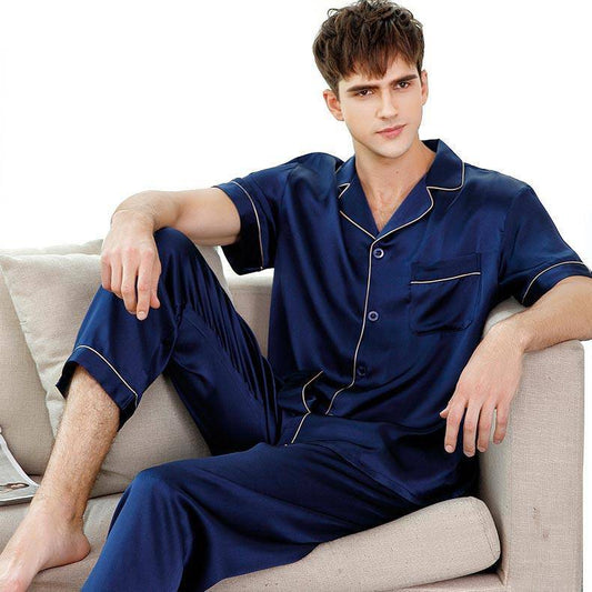 Men's Short Sleeve Silk Pajamas Set 100% Mulberry Silk Sleepwear