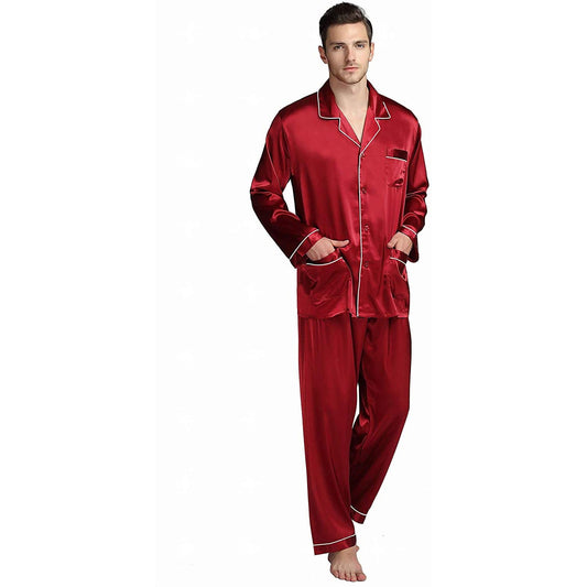 Men's Silk Long Pajamas Set with Pockets Silk Long Button-Down Pajamas Set -  slipintosoft