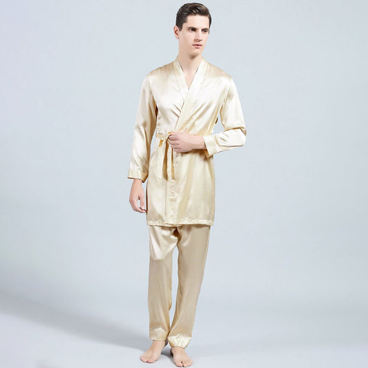 Mens Silk Kimono Robe Set Two Piece Silk Robe & Pant Sleepwear