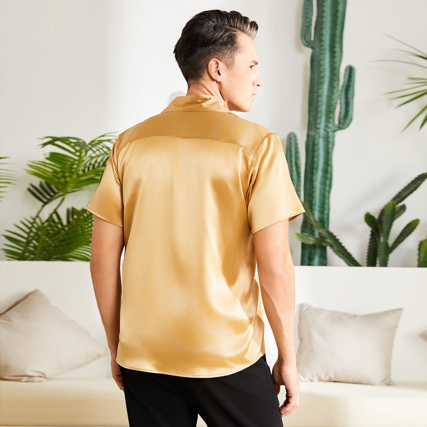 Gold Men s Silk T Shirt Luxury Button Down Silk Short Dress Shirt