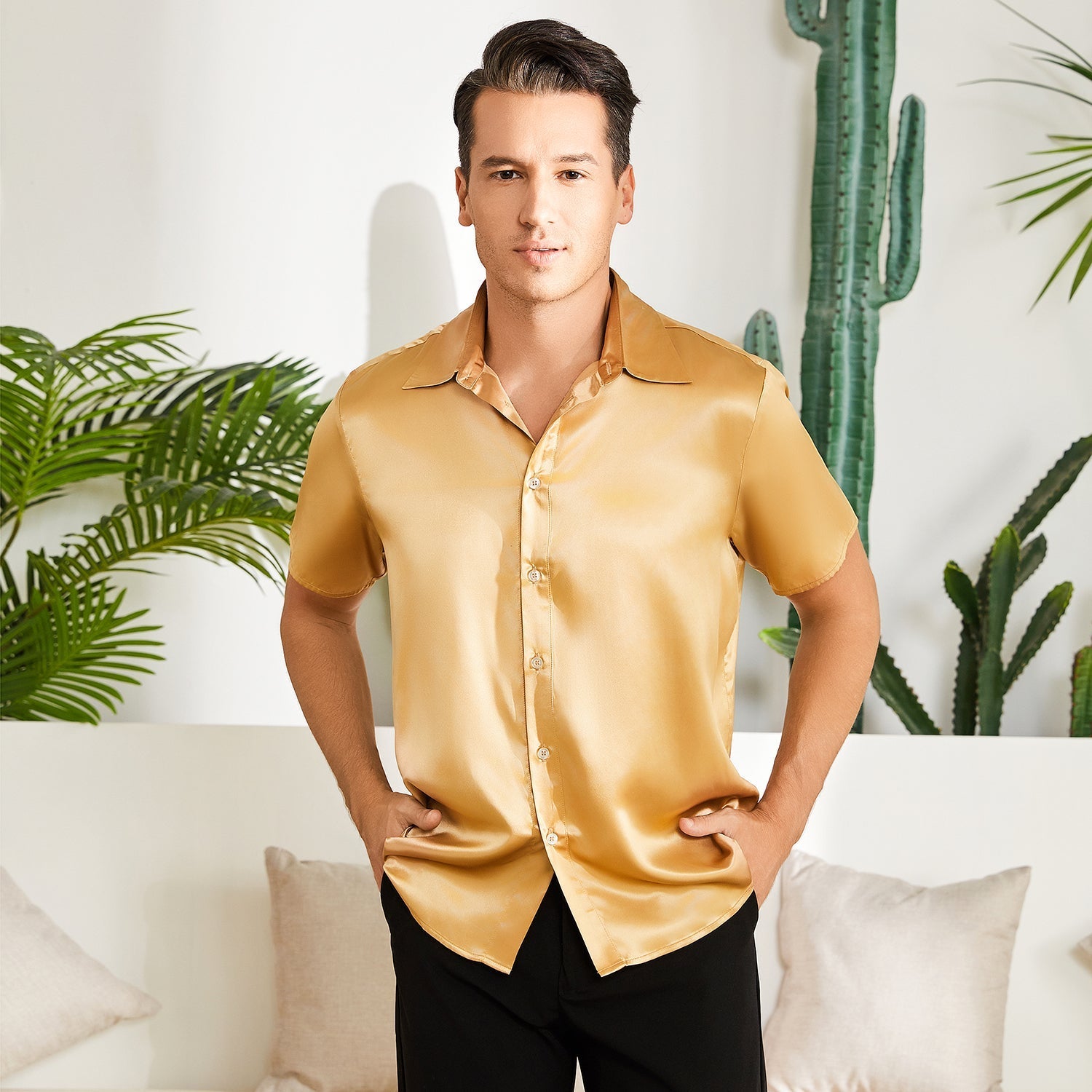 Gold Men s Silk T Shirt Luxury Button Down Silk Short Dress Shirt