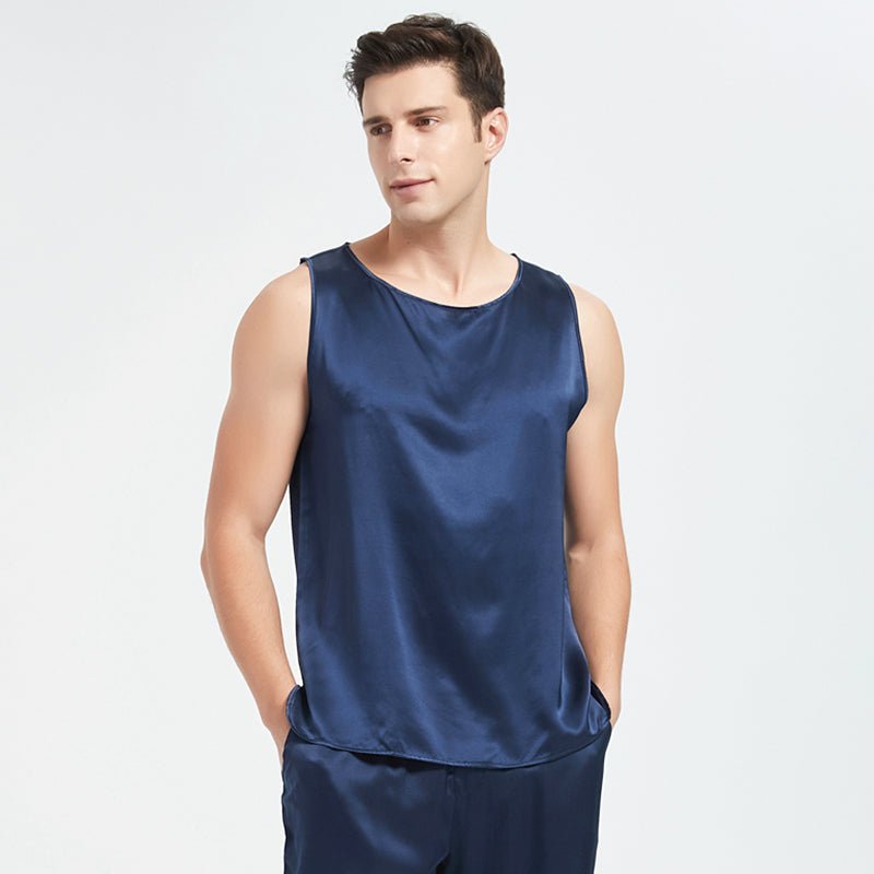 Mens Silk Tank Top Set Sleeveless Silk Sleepwear Pajamas Set