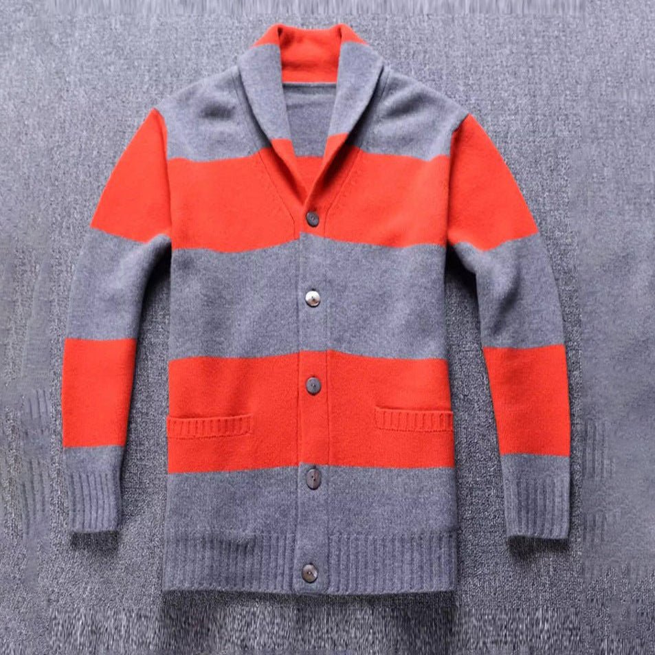 Mens Stripe Cashmere Cardigan Button Front Long Sleeve Cardigan Sweater with Pockets - slipintosoft