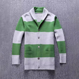 Mens Striped Shawl Collar Cashmere Cardigan Button - Front Long Sleeve Coat