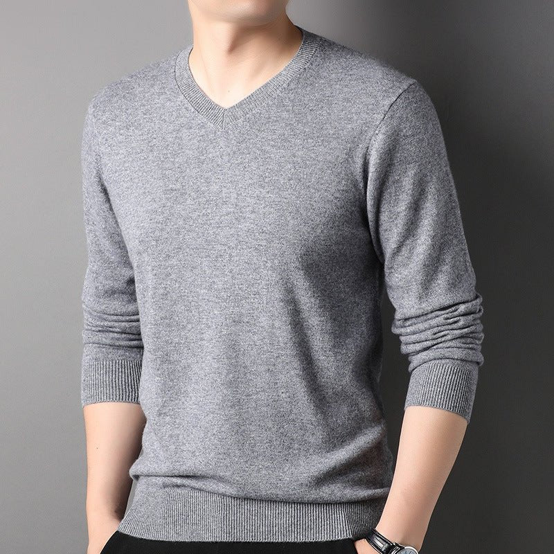 Mens V Neck Cashmere Sweater Long Sleeve Ribbed Hem Warm Knit