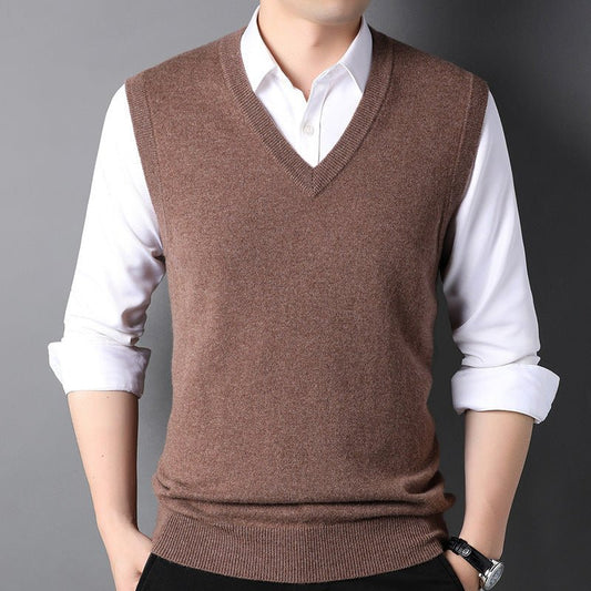 Mens V - Neck Cashmere Vest Sleeveless Soft Knit Pullover Ribbed Hem