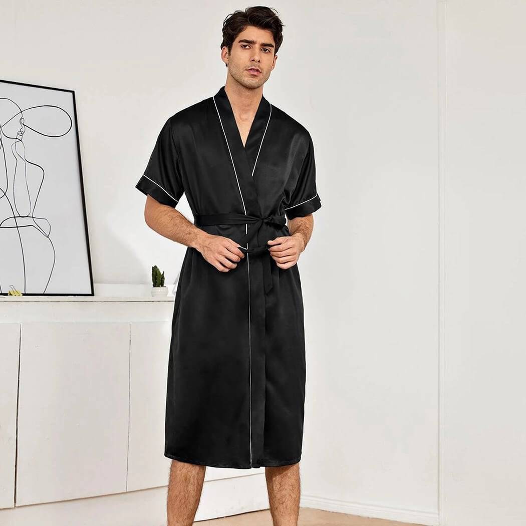 Men's Short Sleeved Green Silk Robe