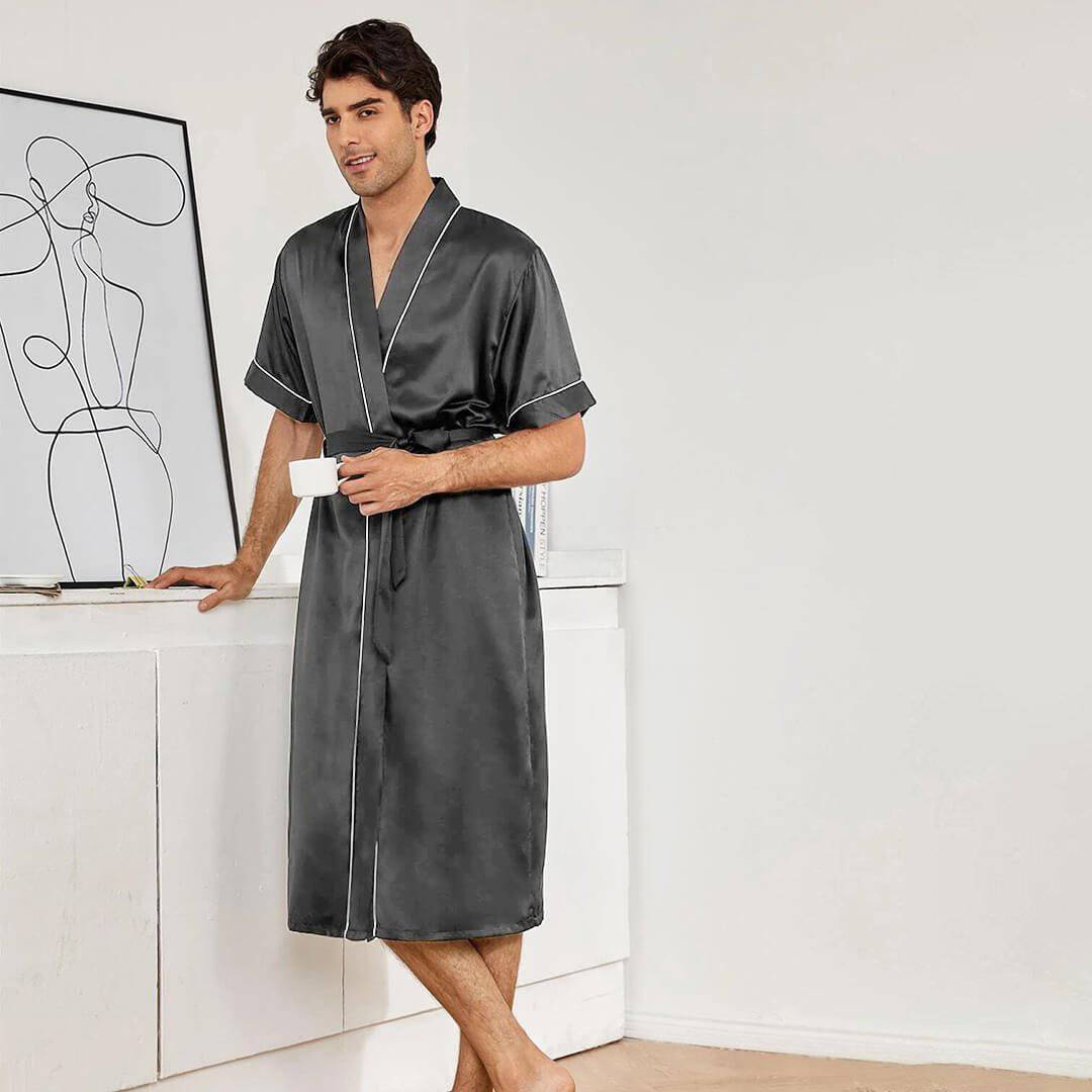 Men's Short Sleeved Green Silk Robe