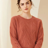 Womens Crew Neck Long Sleeve Cable Knit Cashmere Sweater