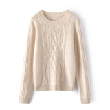 Womens Crew Neck Long Sleeve Cable Knit Cashmere Sweater