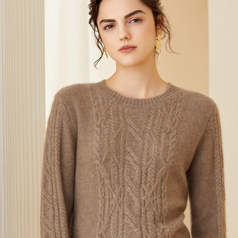 Womens Crew Neck Long Sleeve Cable Knit Cashmere Sweater