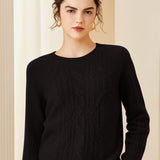 Womens Crew Neck Long Sleeve Cable Knit Cashmere Sweater