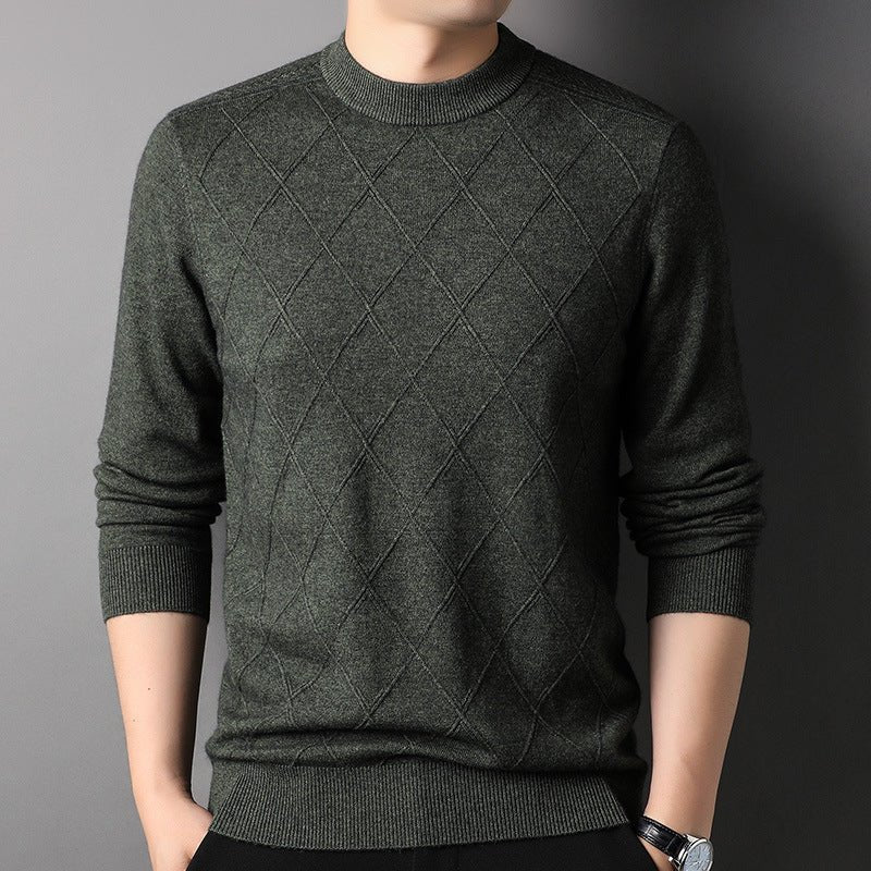 Mens Diamond Pattern Cashmere Sweater Crew Neck Long Sleeve Ribbed Hem Tops