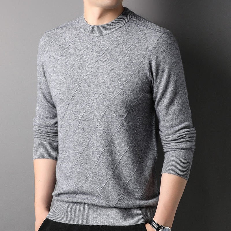 Mens Diamond Pattern Cashmere Sweater Crew Neck Long Sleeve Ribbed Hem Tops