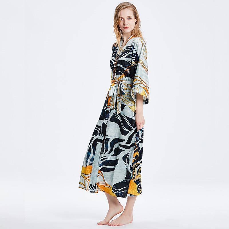 Mulberry Long Artistic Print Silk Kimono For Women Silk Bathrobe