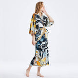 Mulberry Long Artistic Print Silk Kimono For Women Silk Bathrobe