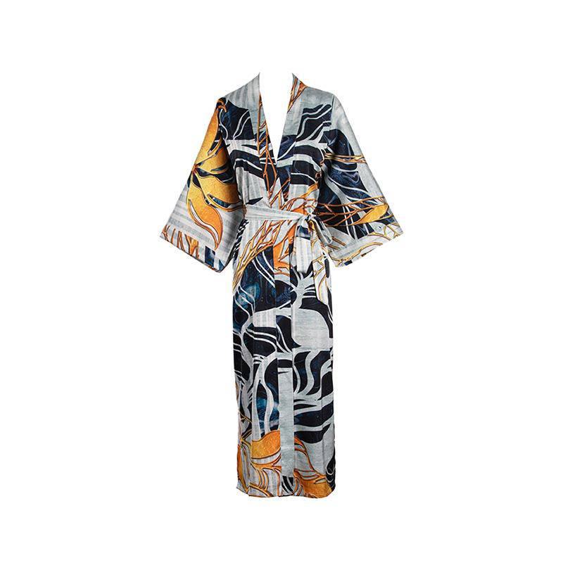 Mulberry Long Artistic Print Silk Kimono For Women Silk Bathrobe