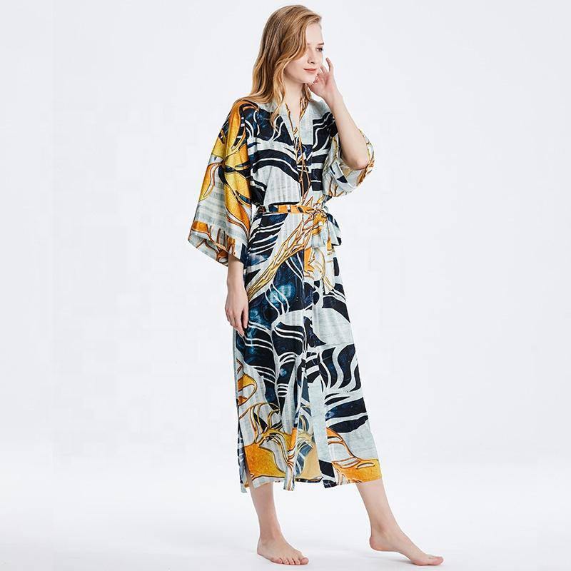 Mulberry Long Artistic Print Silk Kimono For Women Silk Bathrobe