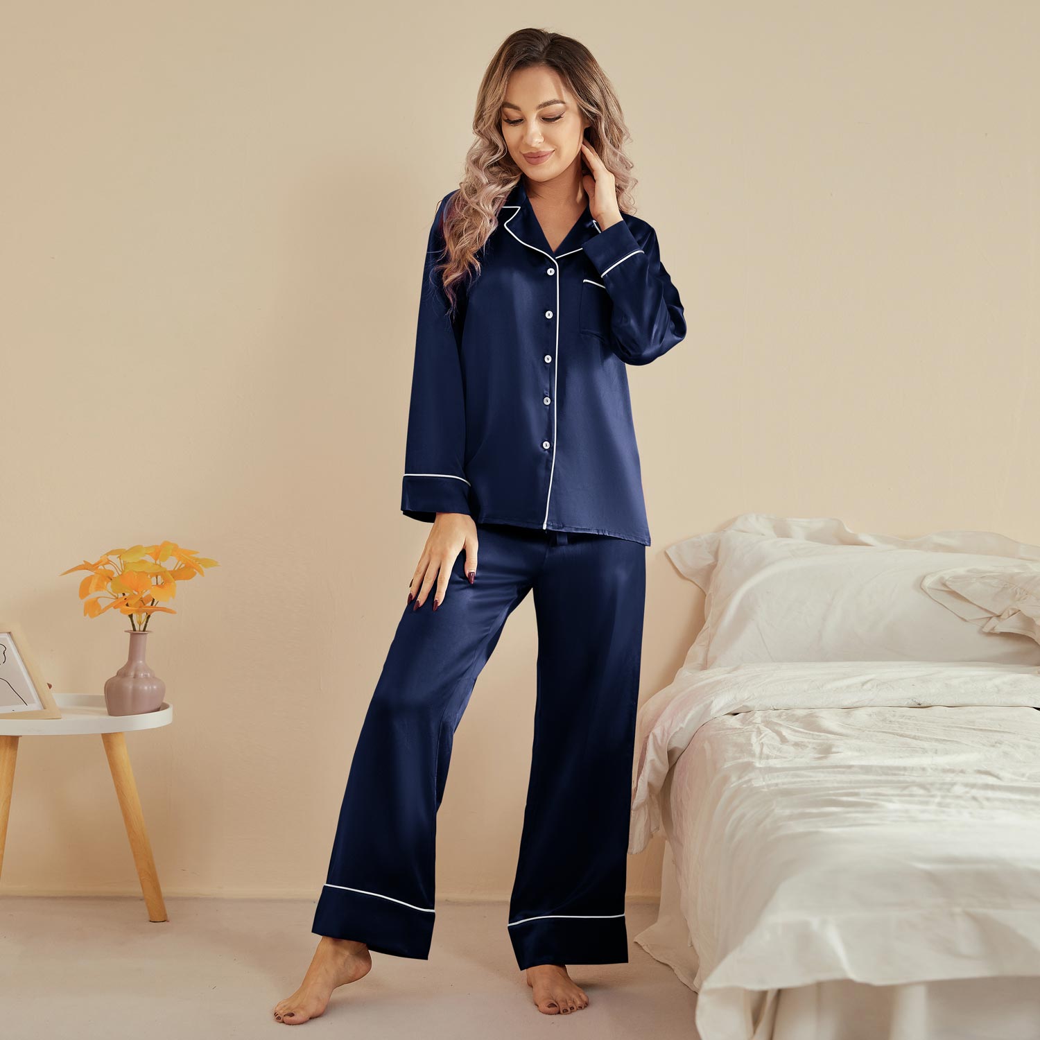 Women Silk Pjs Long Sleeves Luxury Silk Pajamas Set