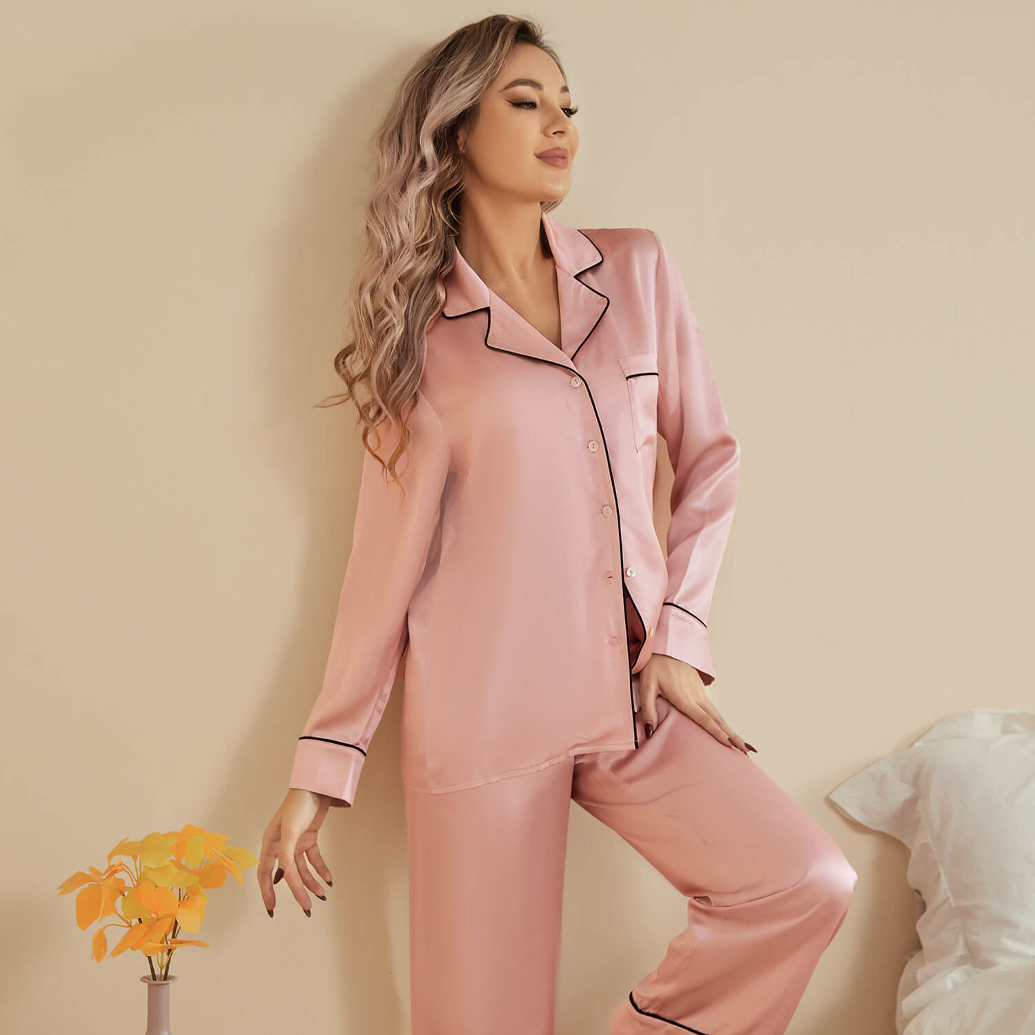 Pink silk pjs sale