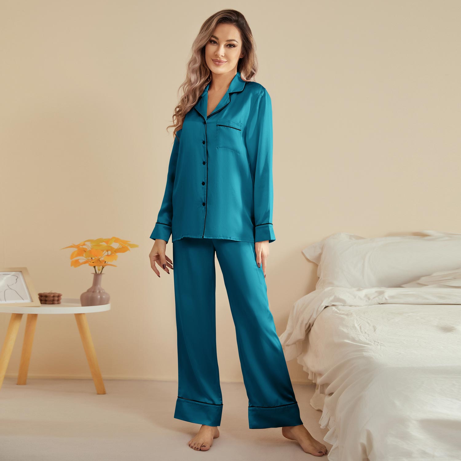 Women Silk Pjs Long Sleeves Luxury Silk Pajamas Set