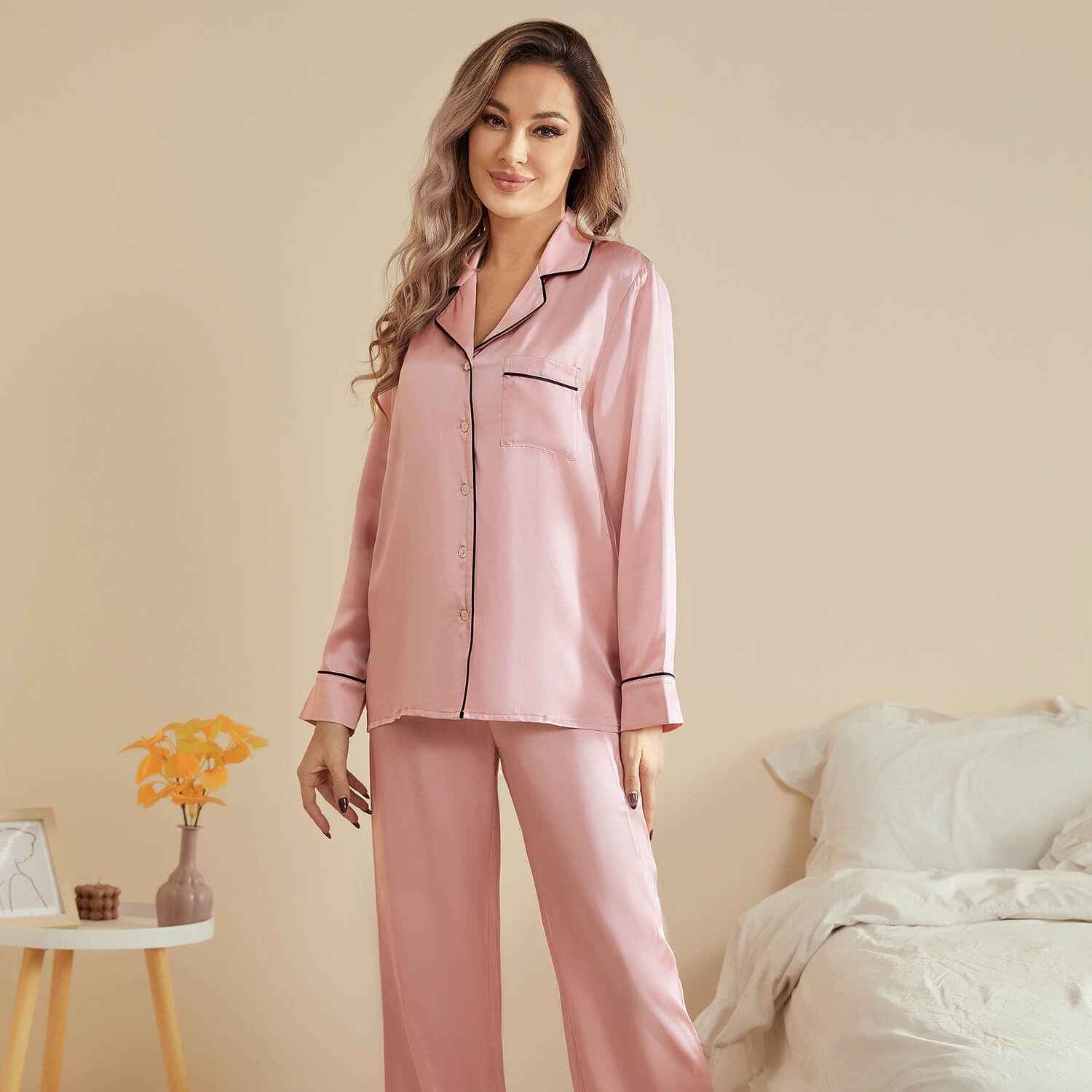 Women Silk Pjs Long Sleeves Luxury Silk Pajamas Set