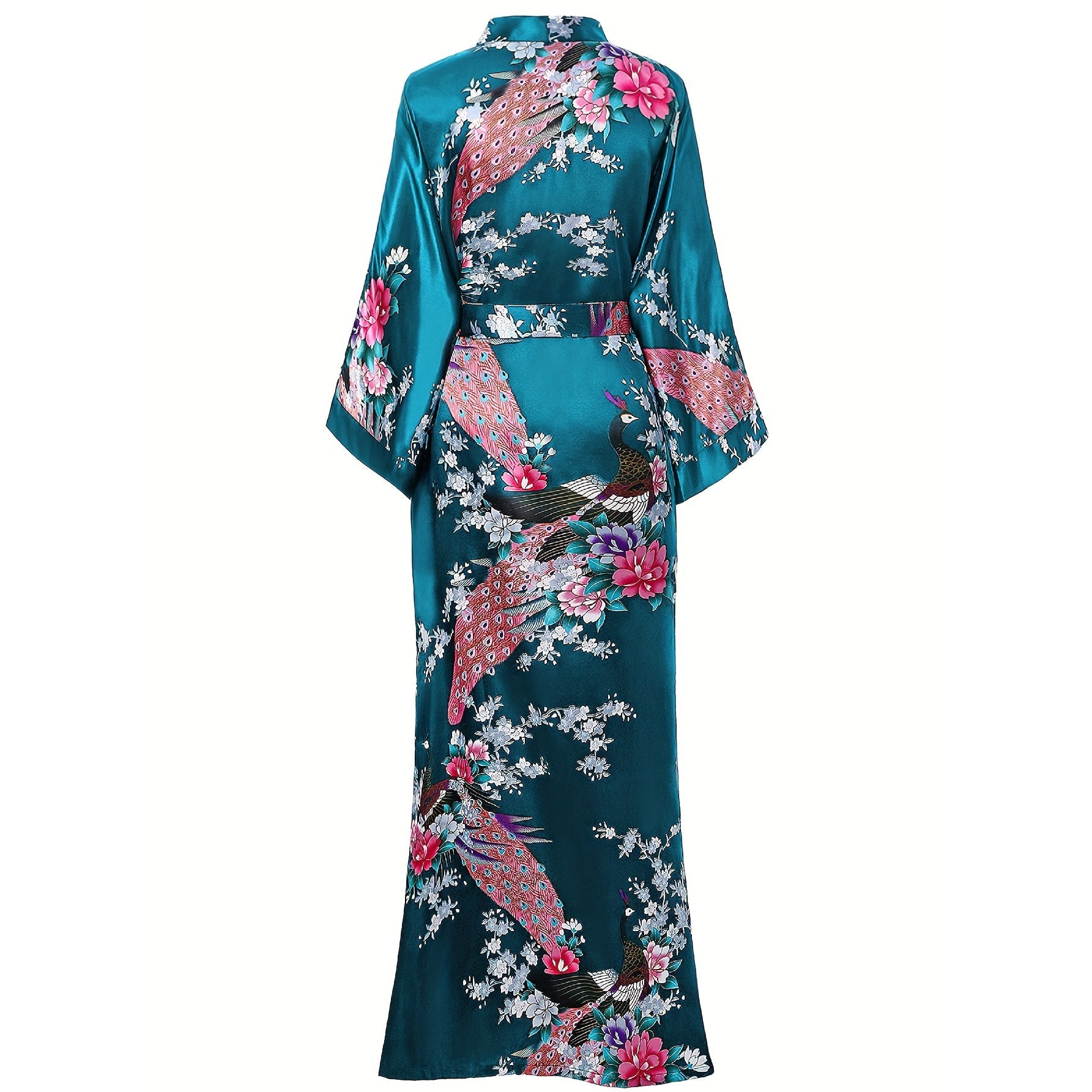 Mulberry Silk Kimono for Women Hand Painted Peacock & Flowers Nightwear - slipintosoft