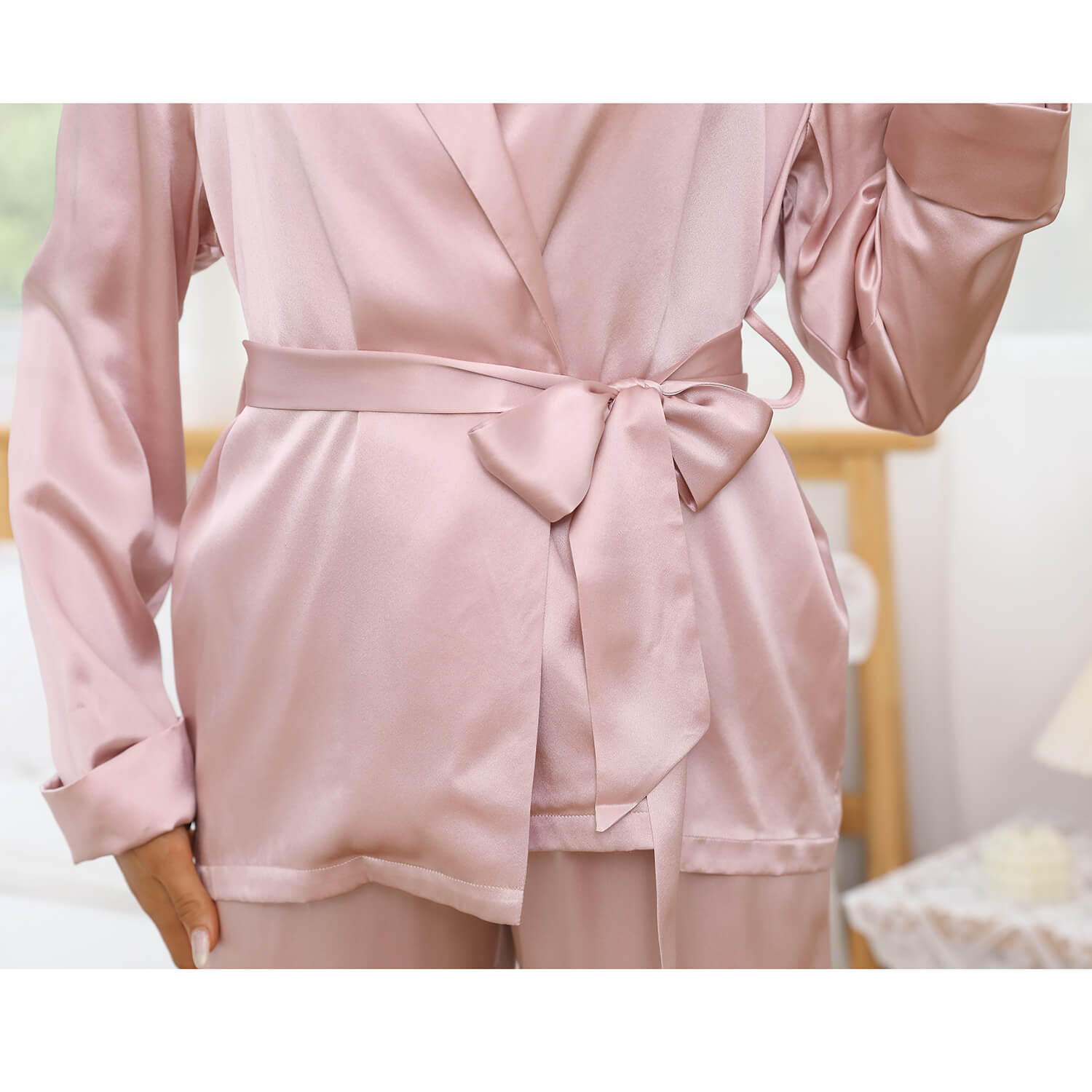 Women Silk Robe And Pajama Set Long Sleeve Silk Sleepwear - slipintosoft