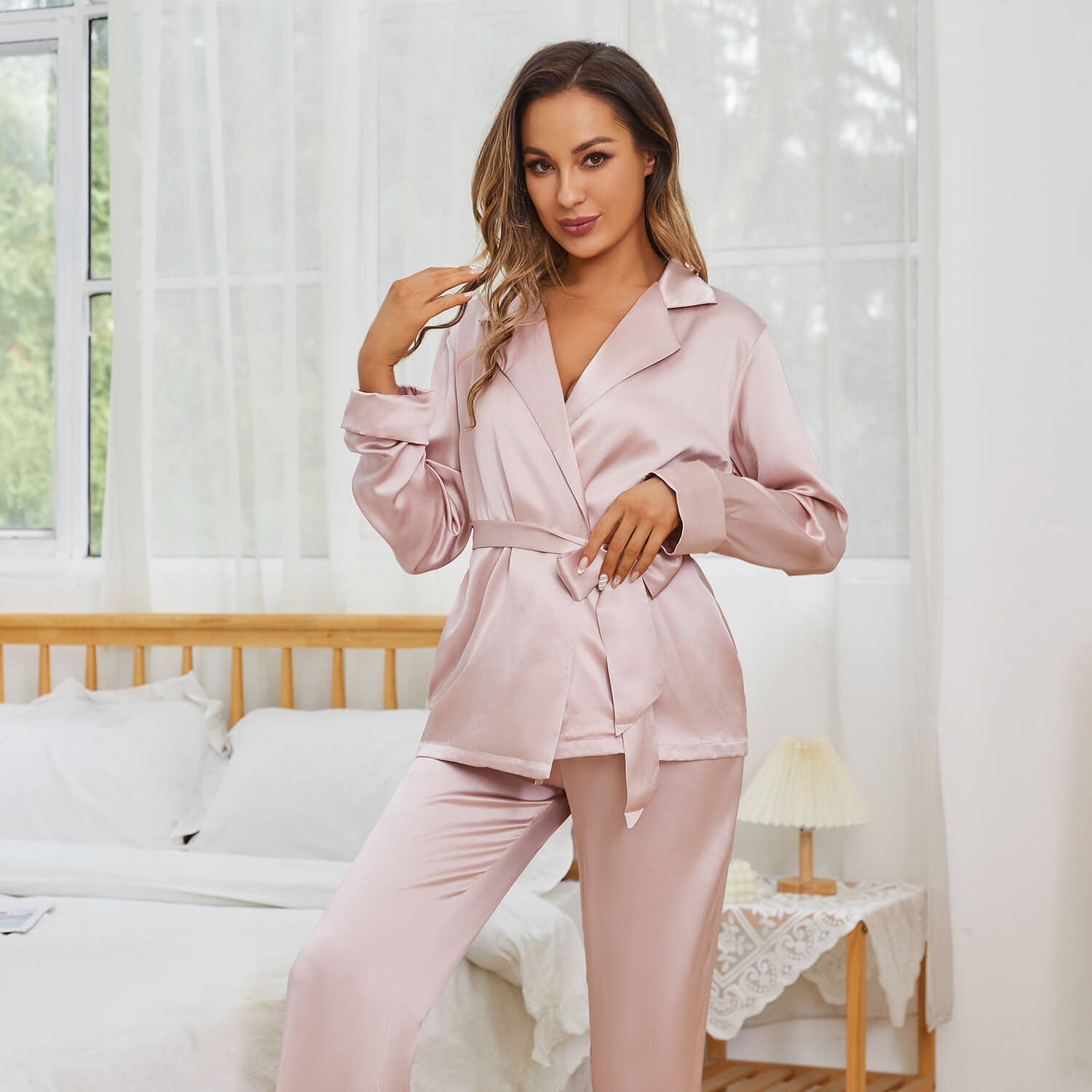 Women Silk Robe And Pajama Set Long Sleeve Silk Sleepwear - slipintosoft