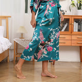 Women Peacock & Flowers Silk Kimono Hand Painted Silk Robe