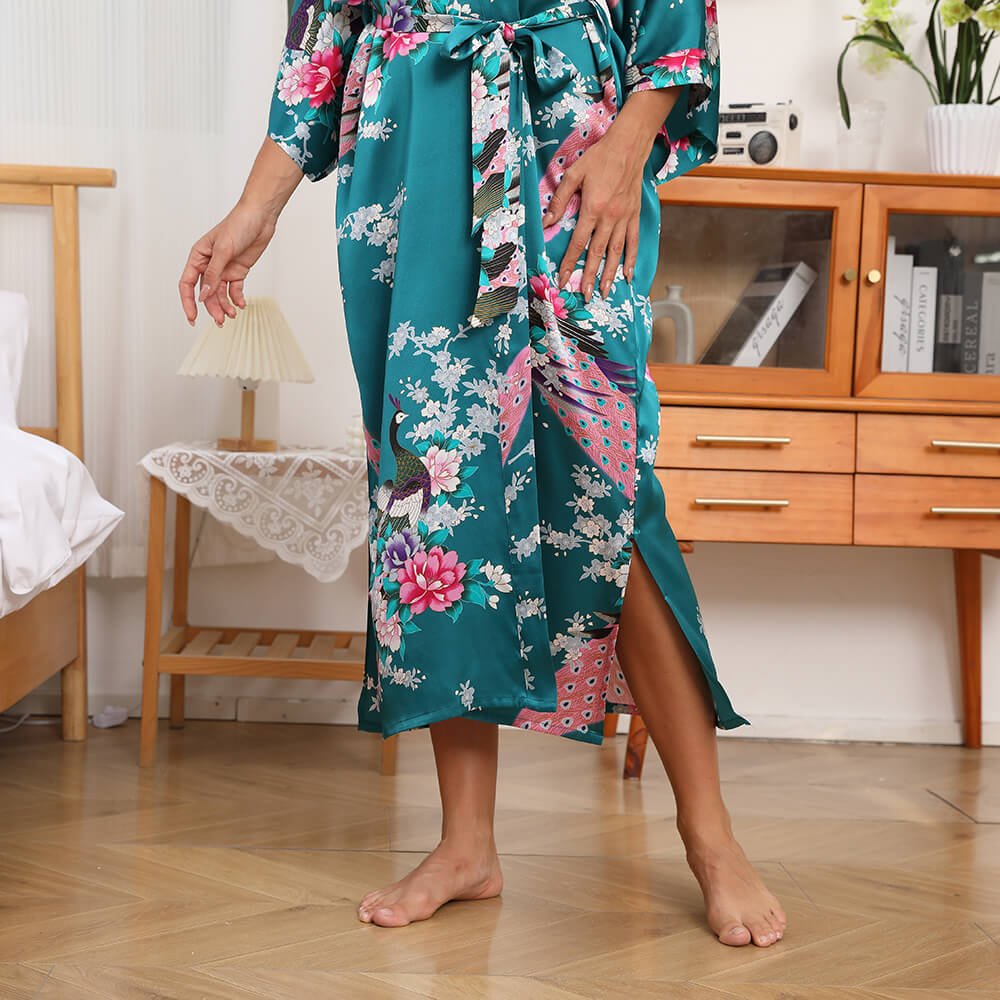 Women Peacock & Flowers Silk Kimono Hand Painted Silk Robe