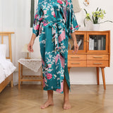 Women Peacock & Flowers Silk Kimono Hand Painted Silk Robe