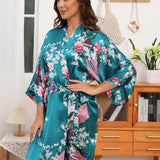 Women Peacock & Flowers Silk Kimono Hand Painted Silk Robe