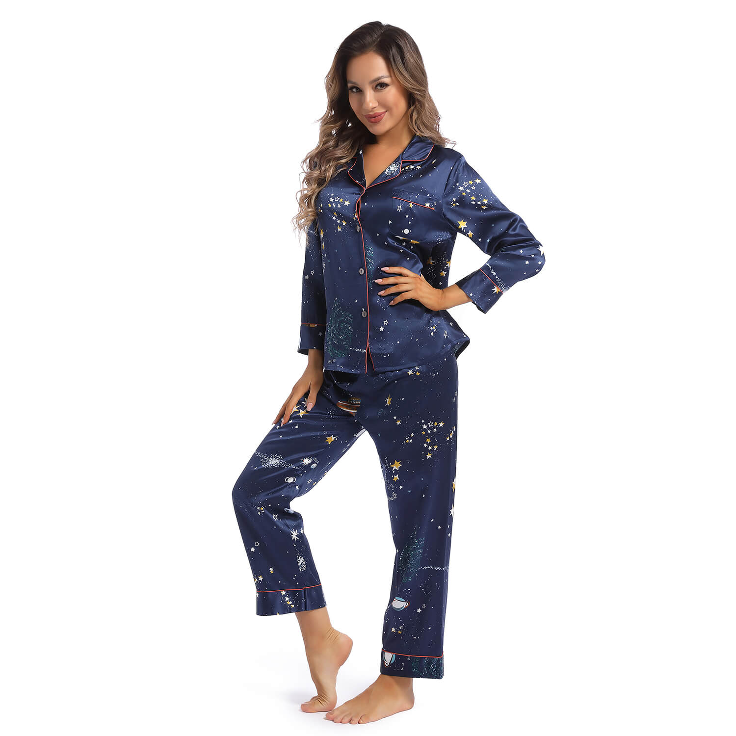 Women's Long Silk Two-Piece Pajamas Set Best Quality Silk Pyjamas Printed Silk PJS - slipintosoft