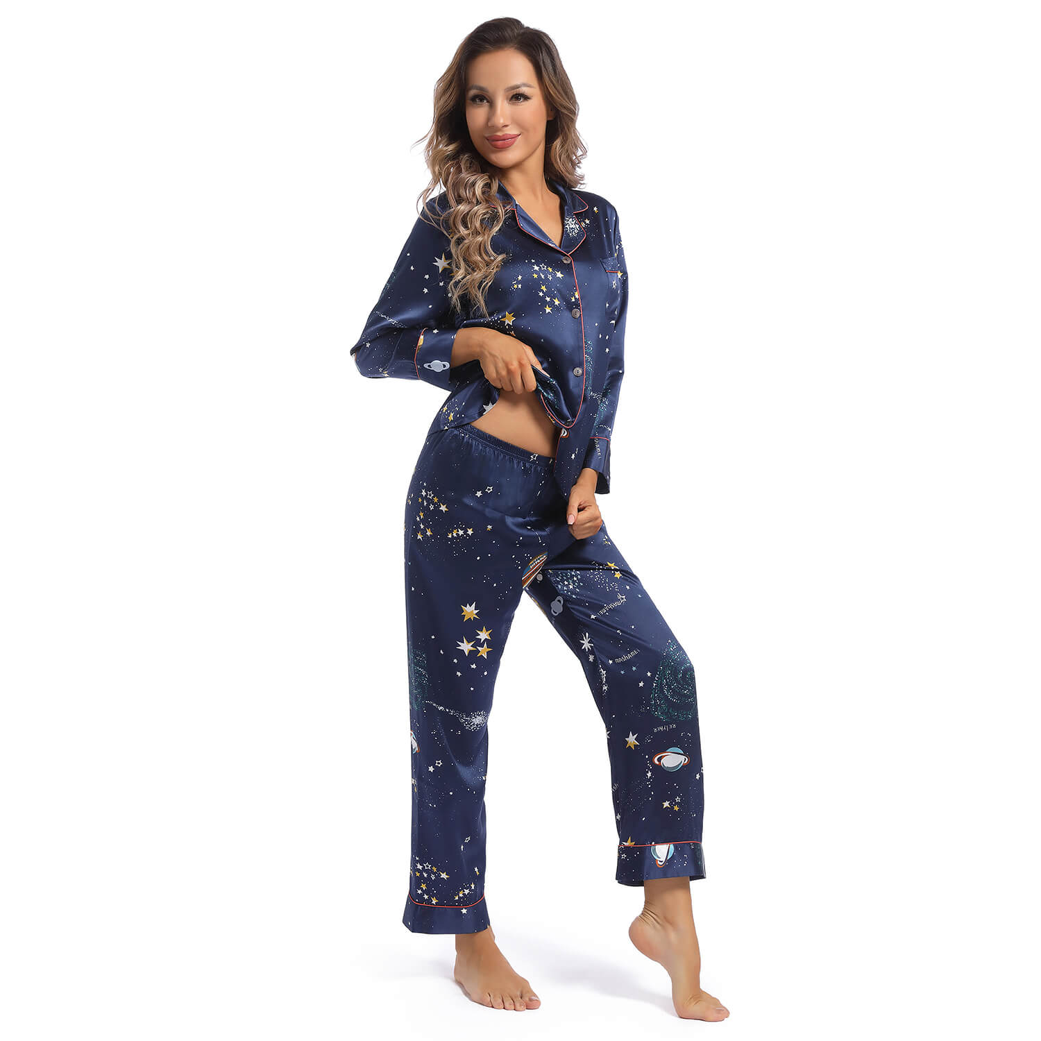 Printed Silk Pajama Set Galaxy Women's Long Silk Two Piece Pajamas