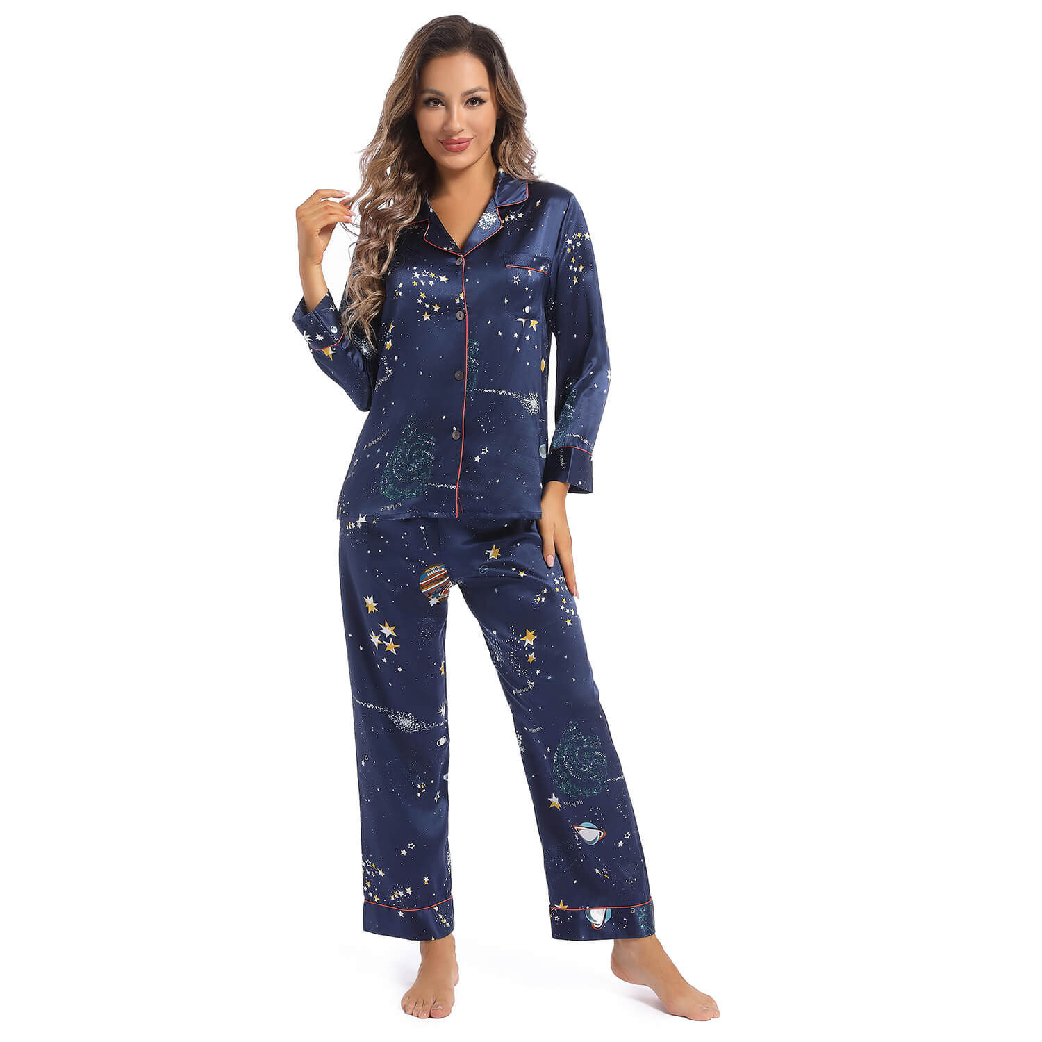 Printed Silk Pajama Set Galaxy Women's Long Silk Two Piece Pajamas