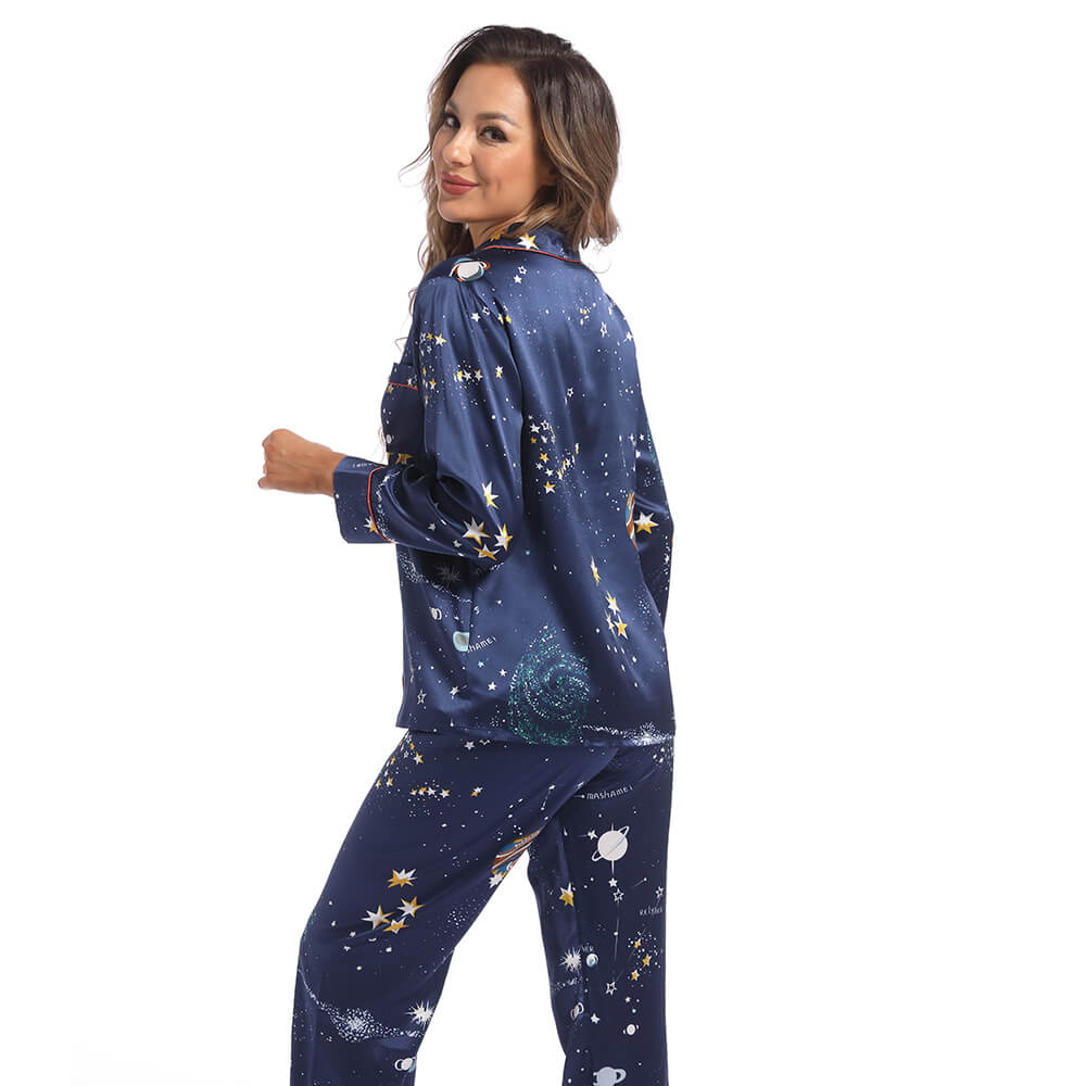 Printed Silk Pajama Set Galaxy Women's Long Silk Two Piece Pajamas