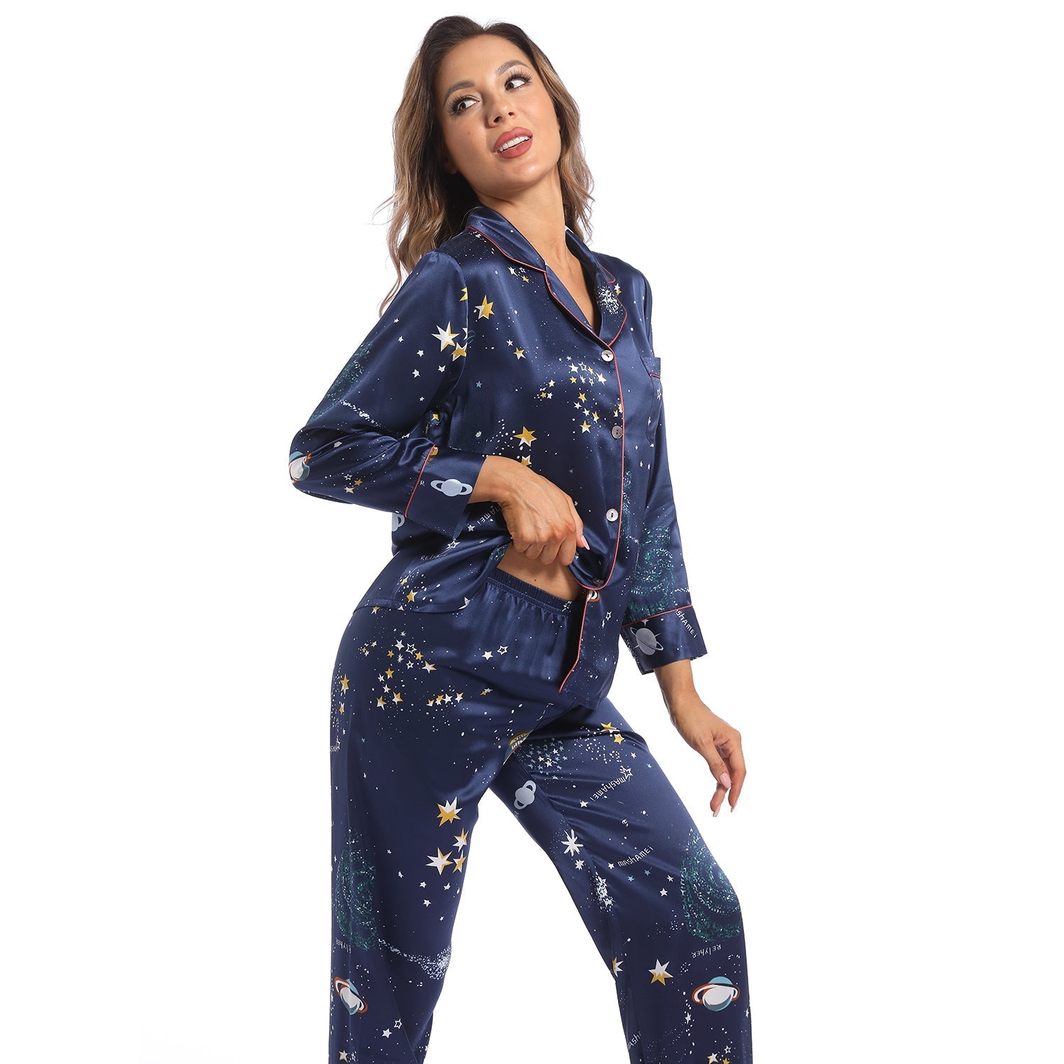 Printed Silk Pajama Set Galaxy Women's Long Silk Two Piece Pajamas