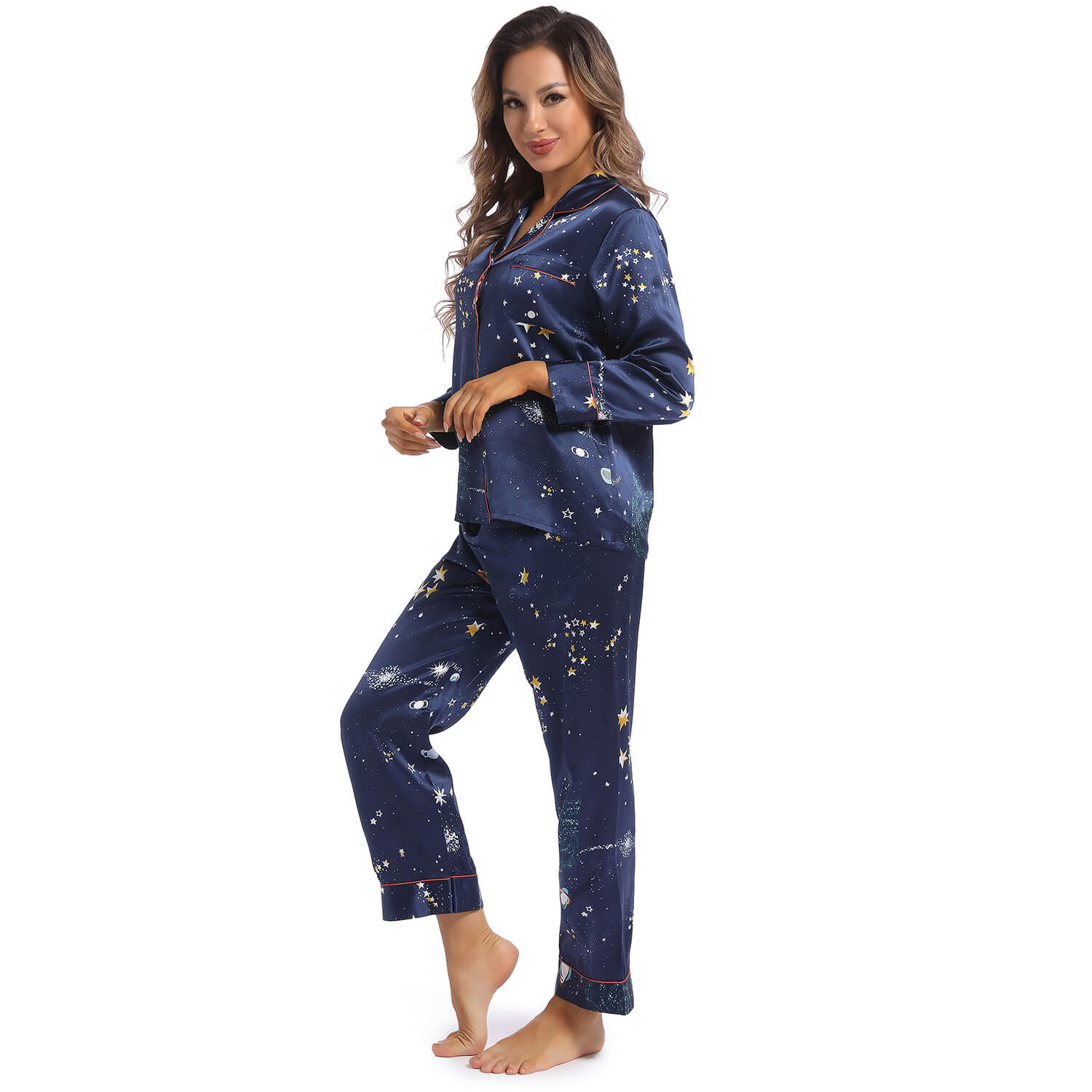 Printed Silk Pajama Set Galaxy Women's Long Silk Two Piece Pajamas