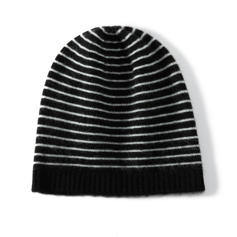 Pure Cashmere Cap with Ribbing Edge Cashmere Striped Cashmere Beanie Hat