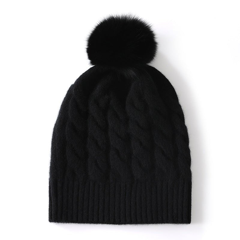 Unisex Pure Cashmere Cable Knit Beanie with Fur Pom Cashmere Hat Multi Colors