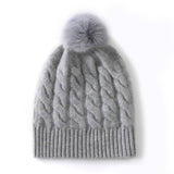 Unisex Pure Cashmere Cable Knit Beanie with Fur Pom Cashmere Hat Multi Colors